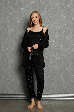 Kadın 3'lü Sabahlık Pijama Takım Siyah