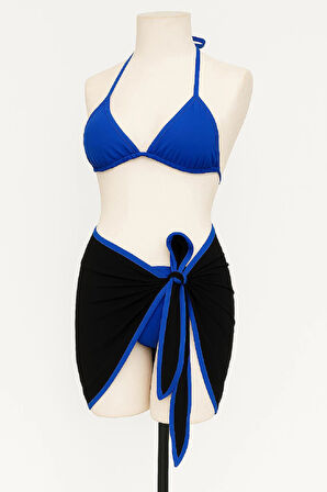 Kadın Mavi Pareolu Yandan ve Boyundan Bağlamalı 3'lü Bikini Takımı