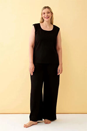 Kadın Siyah Keten Jakarlı Büyük Beden Alt Üst Takım