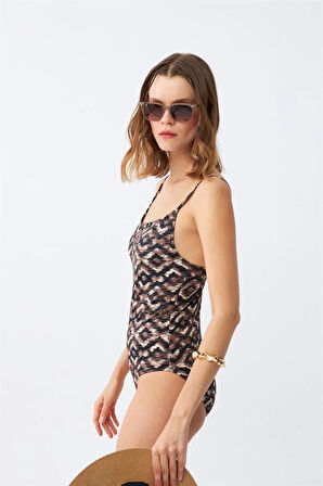 Kadın Etnik Desenli İnce Askılı Vücut Saran Mayo