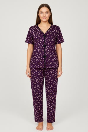 Kadın Mor Kalp Desenli Fiyonklu Kısa Kollu Uzun Pijama Takımı