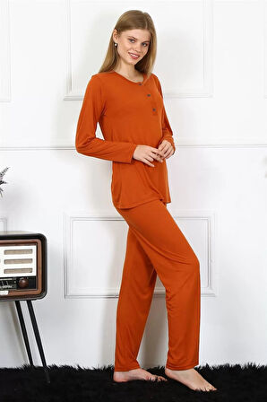 Kadın Penye Uzun Kol Patlı Pijama Takım Kiremit