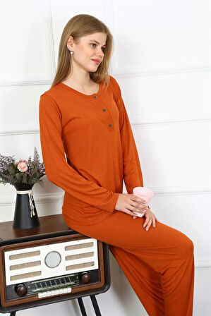 Kadın Penye Uzun Kol Patlı Pijama Takım Kiremit