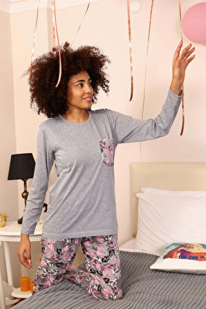 Kadın Uzun Kol Penye Pijama Takım Gri