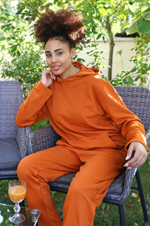 Kadın Pamuk Kapşonlu Cepli 3 İplik Kiremit Eşofman Takım