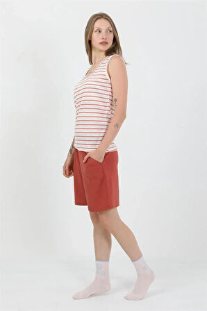 Kadın Kalın Askılı Pamuk Penye Şortlu Takım Turuncu