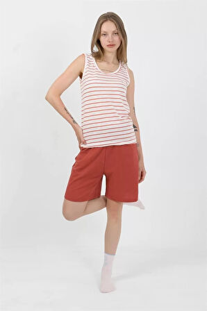 Kadın Kalın Askılı Pamuk Penye Şortlu Takım Turuncu