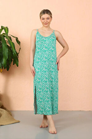 Kadın İp Askılı Yırtmaçlı Uzun Yeşil Gecelik