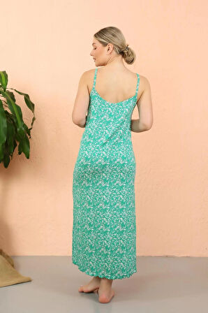 Kadın İp Askılı Yırtmaçlı Uzun Yeşil Gecelik