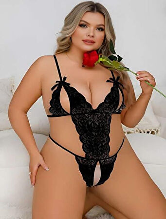 Büyük Beden Siyah Dantel İşlemeli Dekolteli Fantezi Babydoll