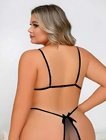 Büyük Beden Siyah Dantel İşlemeli Dekolteli Fantezi Babydoll