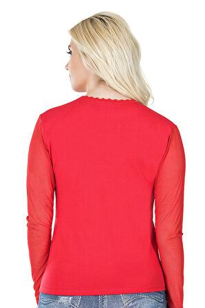 Uzun Kol Transparan Yaka Kadın Tişört 293