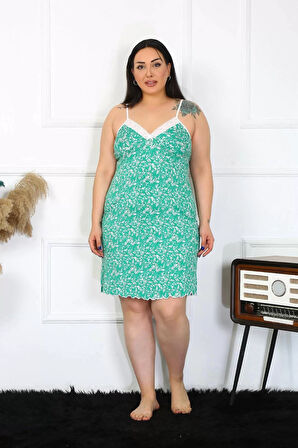 Kadın Pamuklu İp Askılı Büyük Beden Gecelik Turkuaz