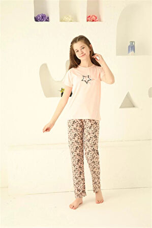 Kız Çocuk Pamuk Kısa Kollu Pijama Takımı Somon
