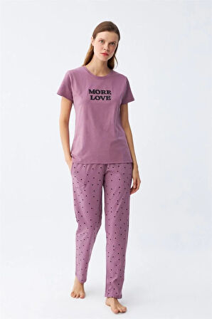 Kadın Mor Yıldız Desenli Penye Kısa Kol Pijama Takımı