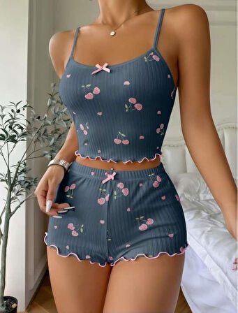  Mavi Kiraz Desenli Askılı Şortlu Pijama Takımı