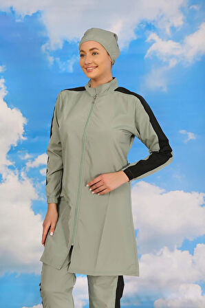 Kadın Pantolonlu Kolu Şeritli Tam Tesettür Mayo Su Yeşili
