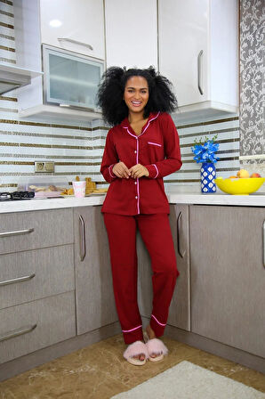 Kadın %100 Pamuk Penye Önden Düğmeli Uzun Kol Pijama Takım Bordo