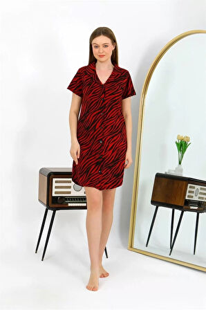 Kadın Pamuk Penye Kısa Kol Düğmeli Bordo Tunik Gecelik