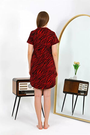 Kadın Pamuk Penye Kısa Kol Düğmeli Bordo Tunik Gecelik