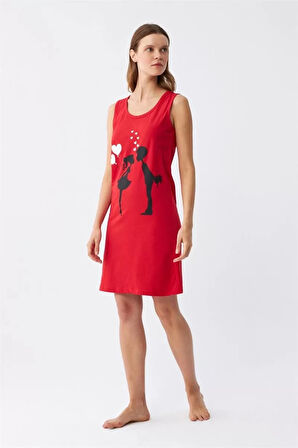 Kadın Kalın Askılı Penye Diz Üstü Kırmızı Gecelik