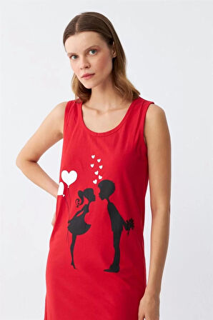 Kadın Kalın Askılı Penye Diz Üstü Kırmızı Gecelik