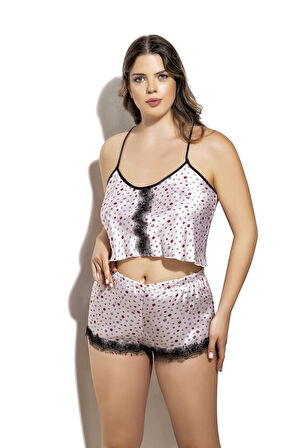 Öpücük Desenli Fantezi Büyük Beden Şortlu Saten Takım