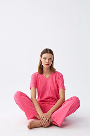 Kadın Kısa Kol Pamuk Penye Pijama Takım Fuşya