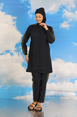 Kadın Pantolonlu Kolu Şeritli Tam Tesettür Mayo Lacivert