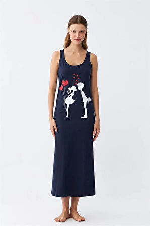 Kadın Kalın Askılı Penye Uzun Lacivert Gecelik