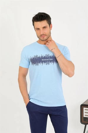 Erkek Pamuk Kısa Kol Pijama Takım Mavi