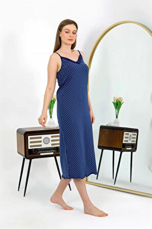 İp Askılı Uzun Yırtmaçlı Penye Gecelik Lacivert