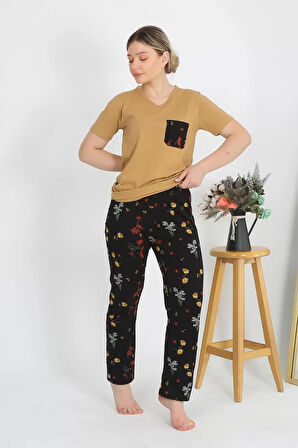 Kadın Kısa Kol Pamuk Penye Pijama Takım Hardal