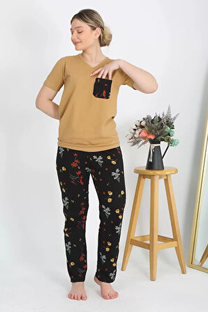 Kadın Kısa Kol Pamuk Penye Pijama Takım Hardal