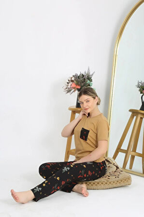 Kadın Kısa Kol Pamuk Penye Pijama Takım Hardal