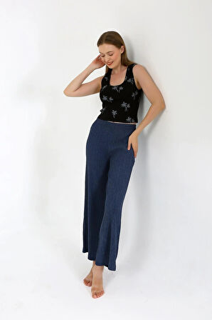 Kadın Kalın Askılı Body Bol Paça Pantolon 2`li Takım Siyah