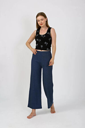 Kadın Kalın Askılı Body Bol Paça Pantolon 2`li Takım Siyah