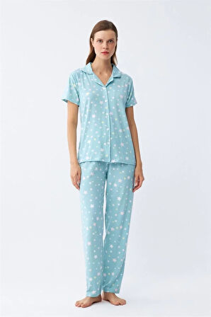 Kadın Buz Mavisi Yıldız Desenli Önden Düğmeli Pijama Takımı
