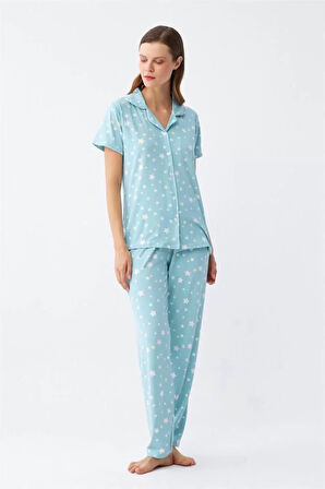 Kadın Buz Mavisi Yıldız Desenli Önden Düğmeli Pijama Takımı