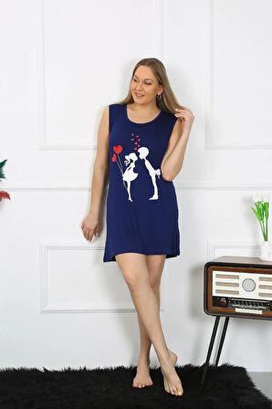 Kadın Büyük Beden Kalın Askılı Penye Diz Üstü Lacivert Gecelik