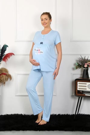 Kadın Kısa Kol Hamile Lohusa Pijama Takımı Mavi
