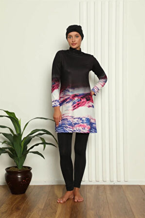 Tam Tesettür Dijital Desenli Mayo Siyah