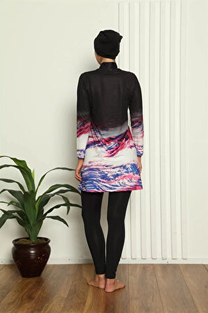 Tam Tesettür Dijital Desenli Mayo Siyah