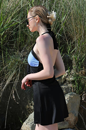 Kadın Likralı Şortlu Fiyonklu Elbise Mayo Mavi