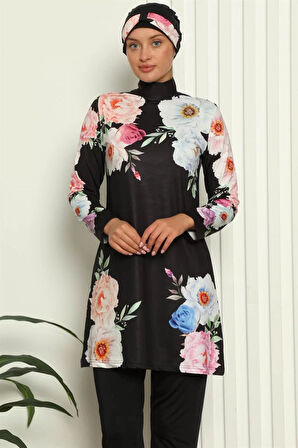 Tam Tesettür Dijital Desenli Mayo Siyah