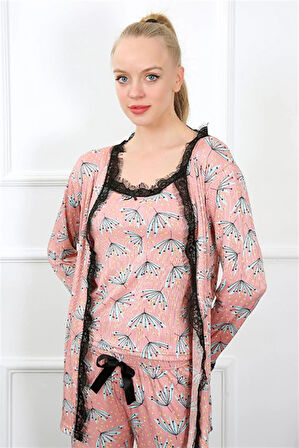 Kadın 3'lü Somon Sabahlık Pijama Takım