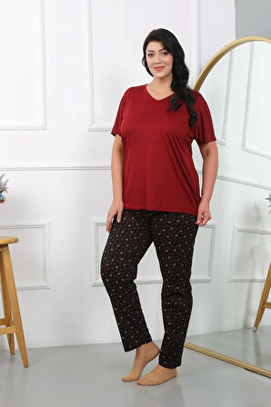 Kadın Büyük Beden Kısa Kol Penye Pijama Takımı Bordo