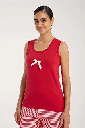 Kadın Kırmızı Kurdele Detaylı Çizgili Şortlu Pijama Takımı