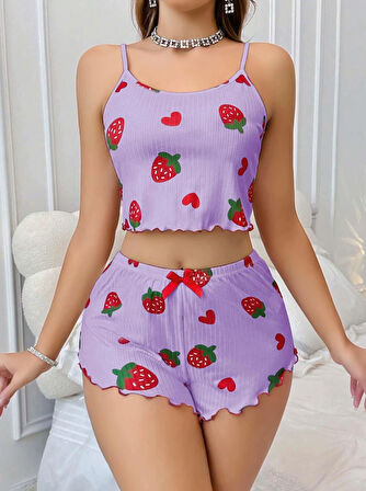 Kadın Mor Çilek desenli Şortlu Pijama Takımı 5061