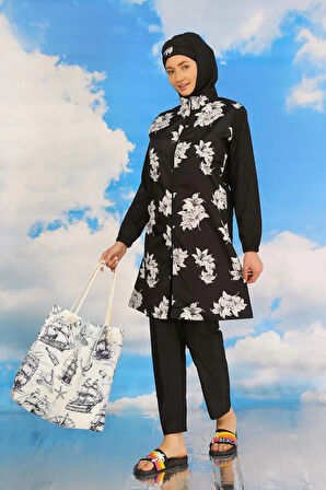 Kadın Pantolonlu Desenli Tam Tesettür Mayo Siyah